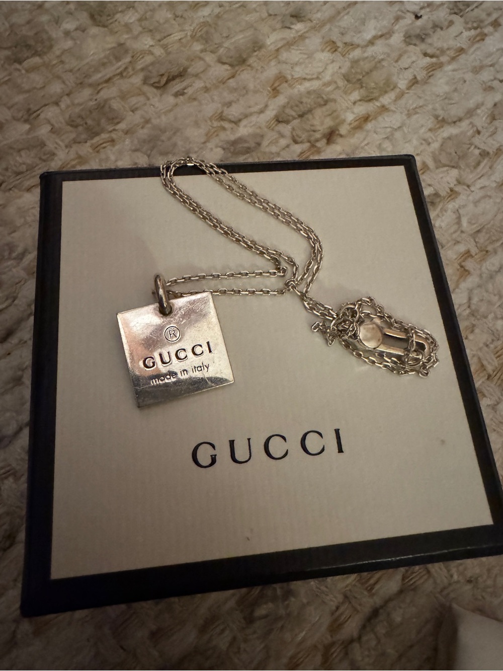 Gucci Silver Square Logo Tag Necklace in original boxing